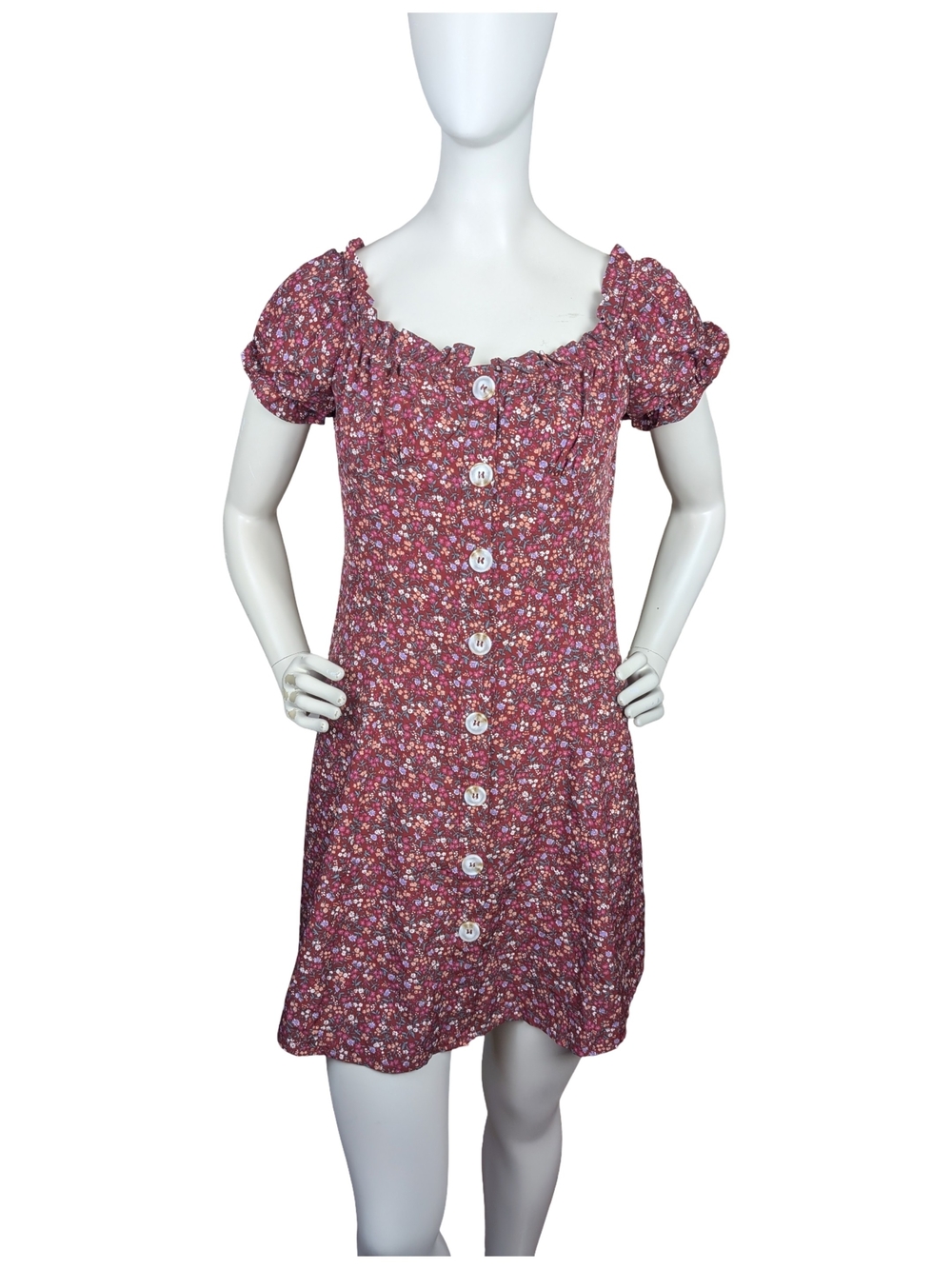 Burgundy Floral Puff Sleeve Button Front Mini Dress XS Small Romantic Western